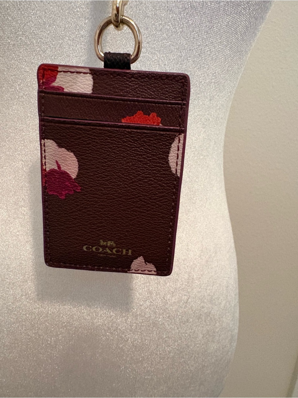 Coach Burgundy Card Holder with Pink and Orange Floral Accents - Picture 2 of 6